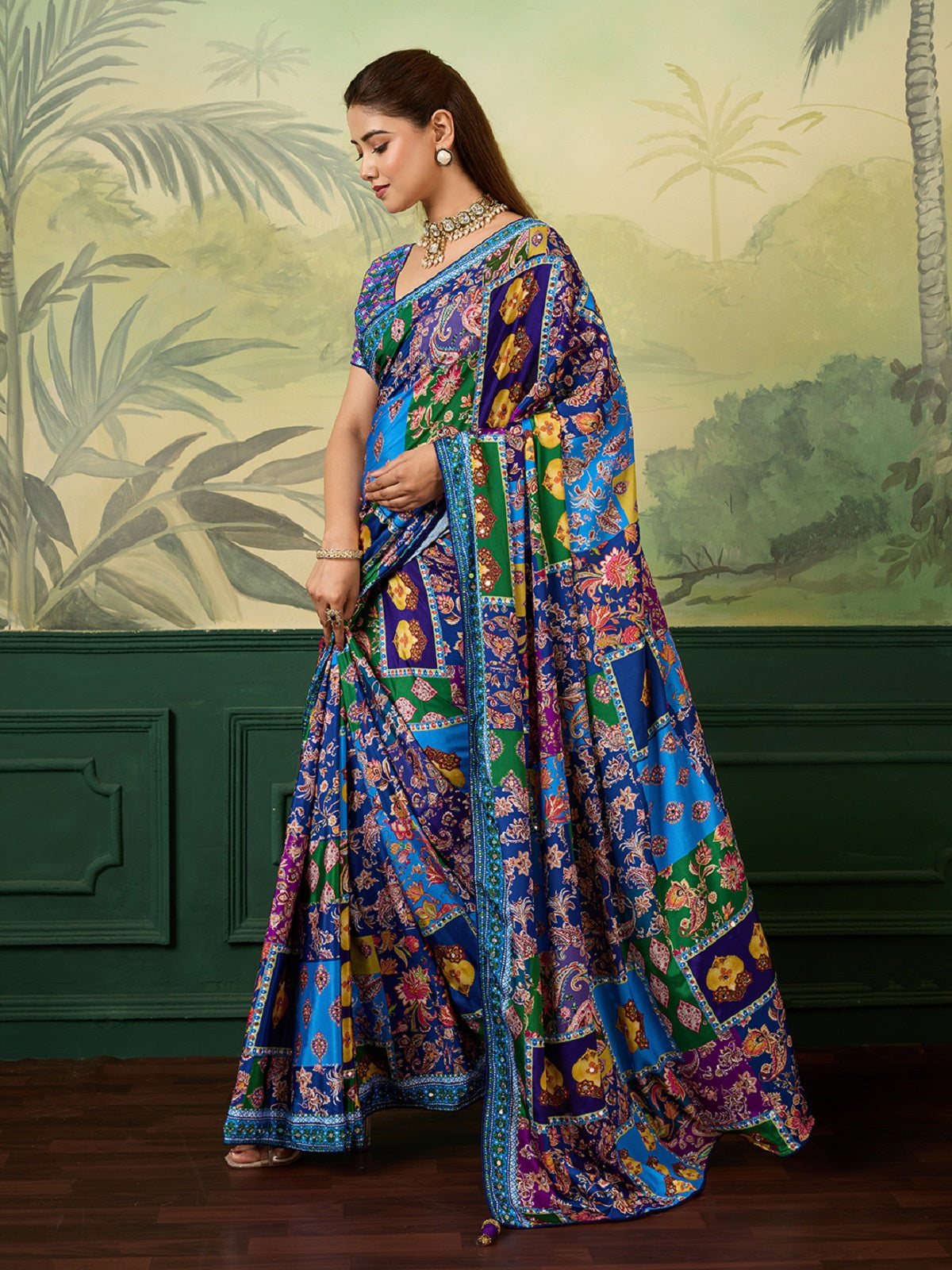 Dwija Fashion Women'S Pary Wear Printed Crep Silk Designer Saree With Unstitche Blouse-Blue