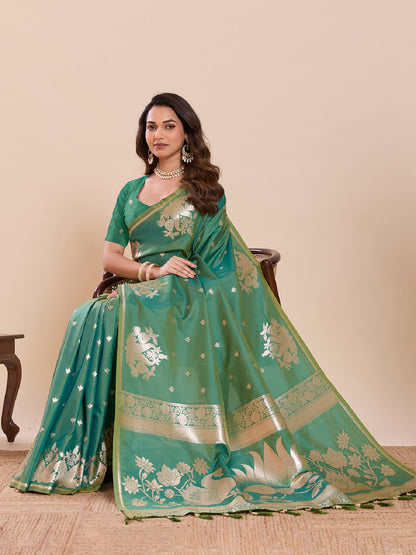 Dwija Fashion Green Wedding Wear Paithani Silk Jari Weaving On All Over Saree With Unstitched Blouse