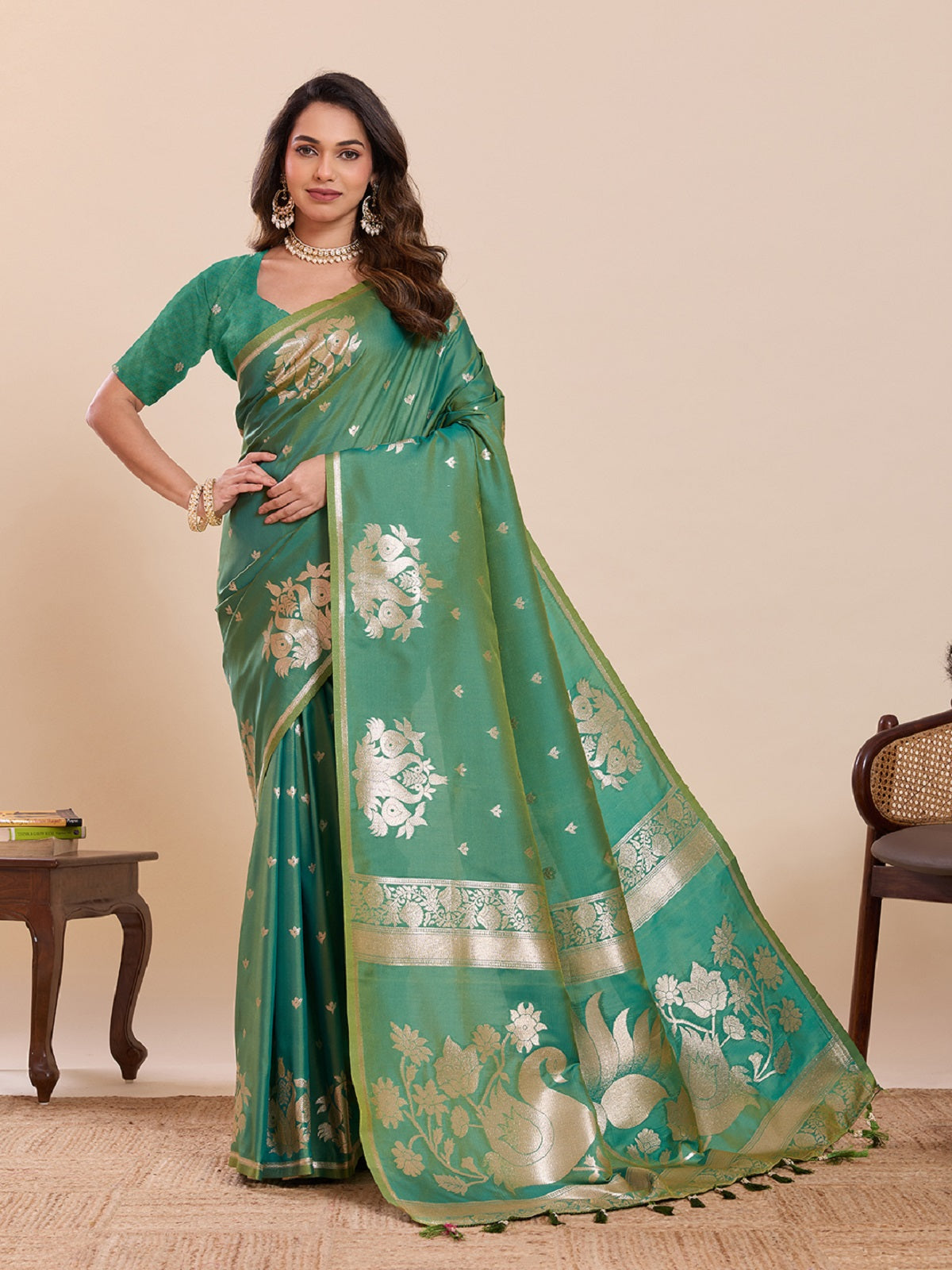 Dwija Fashion Green Wedding Wear Paithani Silk Jari Weaving On All Over Saree With Unstitched Blouse