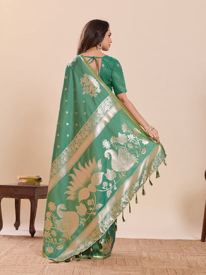 Dwija Fashion Green Wedding Wear Paithani Silk Jari Weaving On All Over Saree With Unstitched Blouse