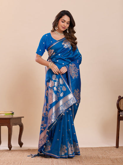 Dwija Fashion Blue Wedding Wear Paithani Silk Jari Weaving On All Over Saree With Unstitched Blouse
