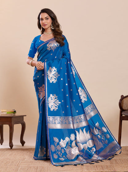 Dwija Fashion Blue Wedding Wear Paithani Silk Jari Weaving On All Over Saree With Unstitched Blouse