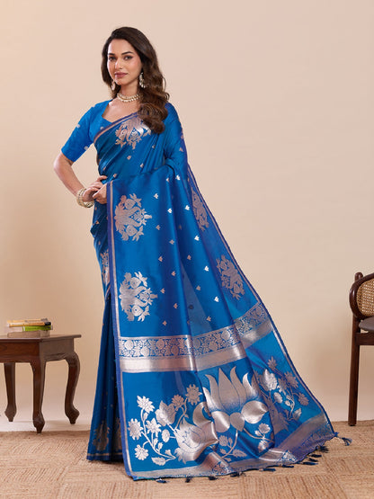 Dwija Fashion Blue Wedding Wear Paithani Silk Jari Weaving On All Over Saree With Unstitched Blouse