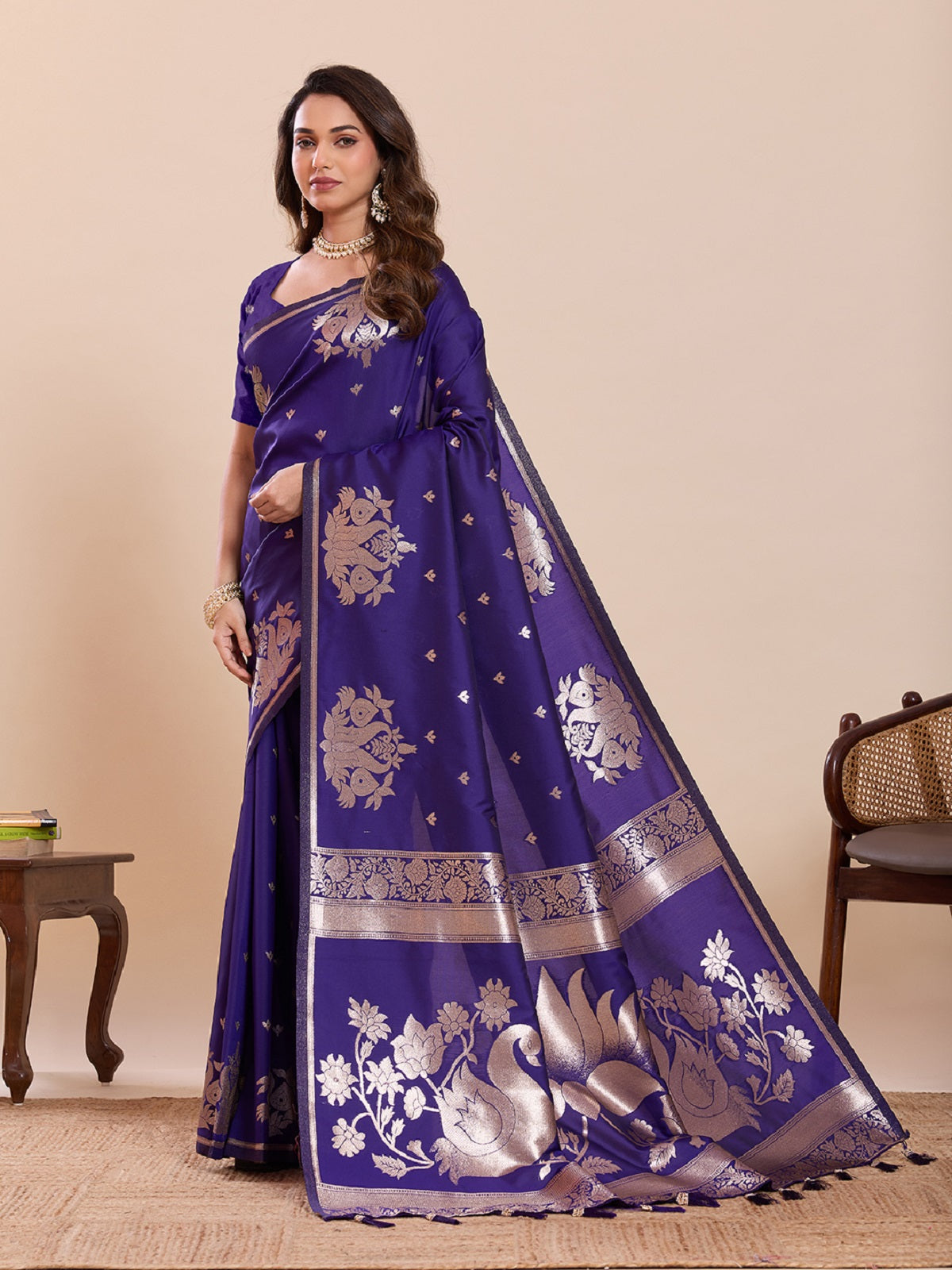 Dwija Fashion Royal Blue Wedding Wear Paithani Silk Jari Weaving On All Over Saree With Unstitched Blouse