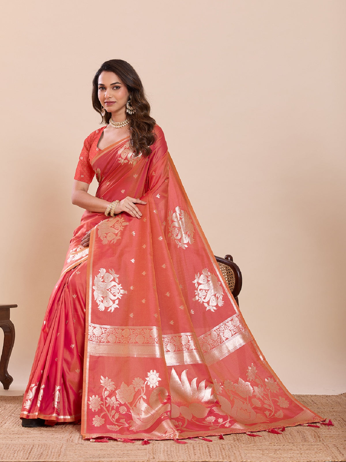Dwija Fashion Peach Red Wedding Wear Paithani Silk Jari Weaving On All Over Saree With Unstitched Blouse