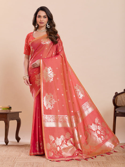 Dwija Fashion Peach Red Wedding Wear Paithani Silk Jari Weaving On All Over Saree With Unstitched Blouse