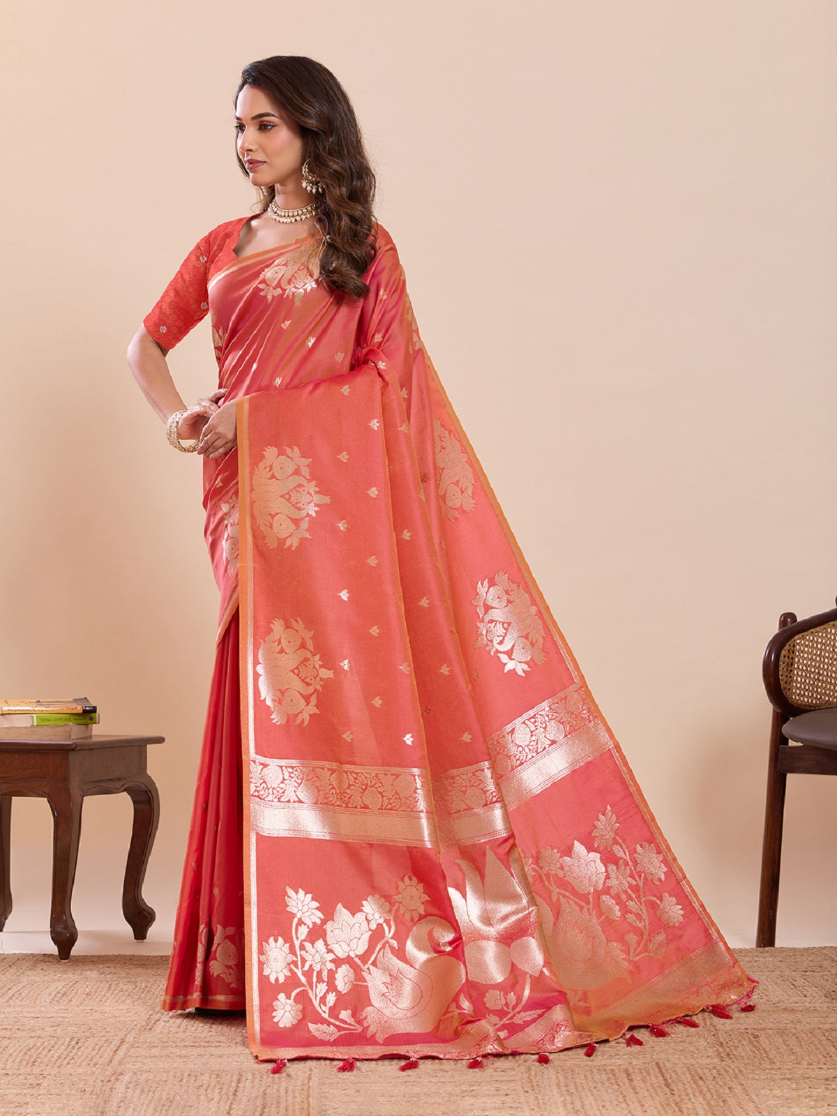 Dwija Fashion Peach Red Wedding Wear Paithani Silk Jari Weaving On All Over Saree With Unstitched Blouse