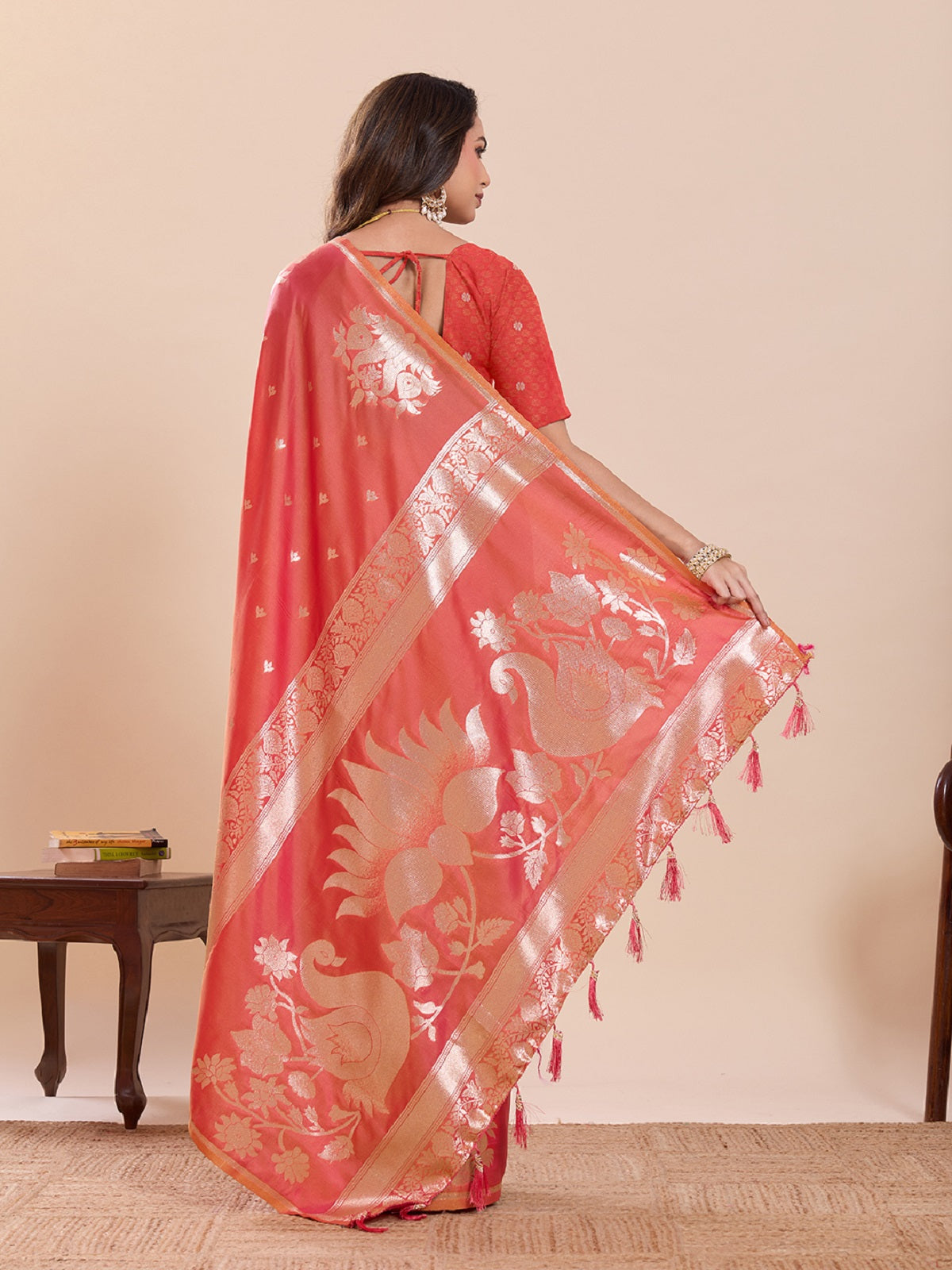 Dwija Fashion Peach Red Wedding Wear Paithani Silk Jari Weaving On All Over Saree With Unstitched Blouse