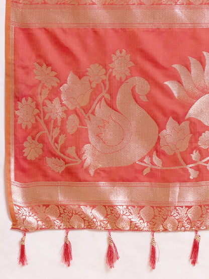 Dwija Fashion Peach Red Wedding Wear Paithani Silk Jari Weaving On All Over Saree With Unstitched Blouse