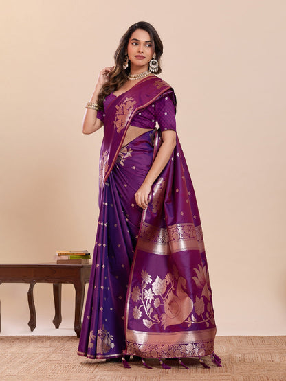 Dwija Fashion Dark Purple Wedding Wear Paithani Silk Jari Weaving On All Over Saree With Unstitched Blouse