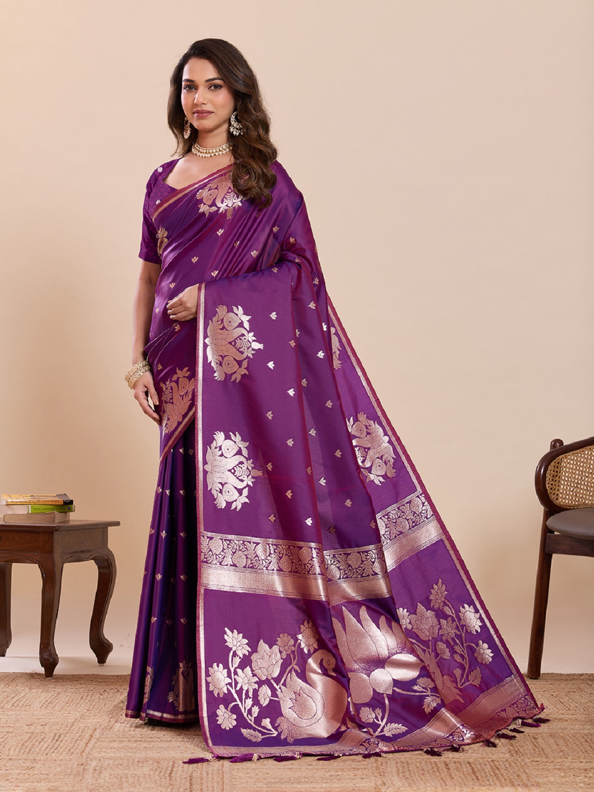Dwija Fashion Dark Purple Wedding Wear Paithani Silk Jari Weaving On All Over Saree With Unstitched Blouse