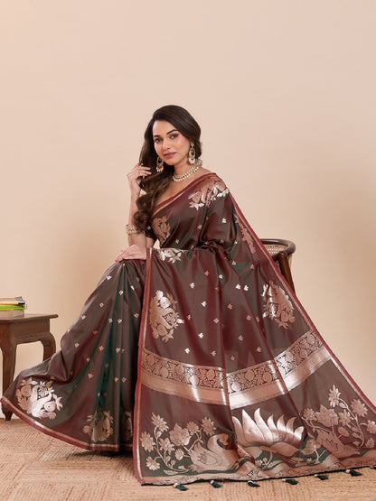 Dwija Fashion Chocolate Brown Wedding Wear Paithani Silk Jari Weaving On All Over Saree With Unstitched Blouse