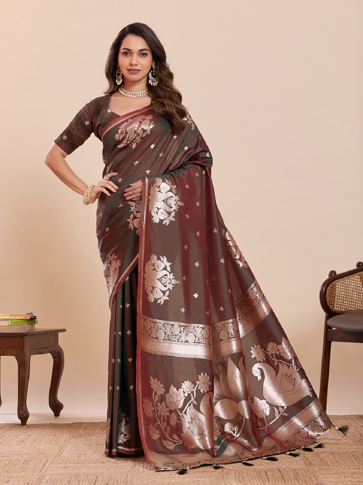Dwija Fashion Chocolate Brown Wedding Wear Paithani Silk Jari Weaving On All Over Saree With Unstitched Blouse