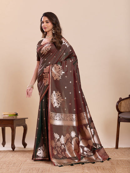 Dwija Fashion Chocolate Brown Wedding Wear Paithani Silk Jari Weaving On All Over Saree With Unstitched Blouse