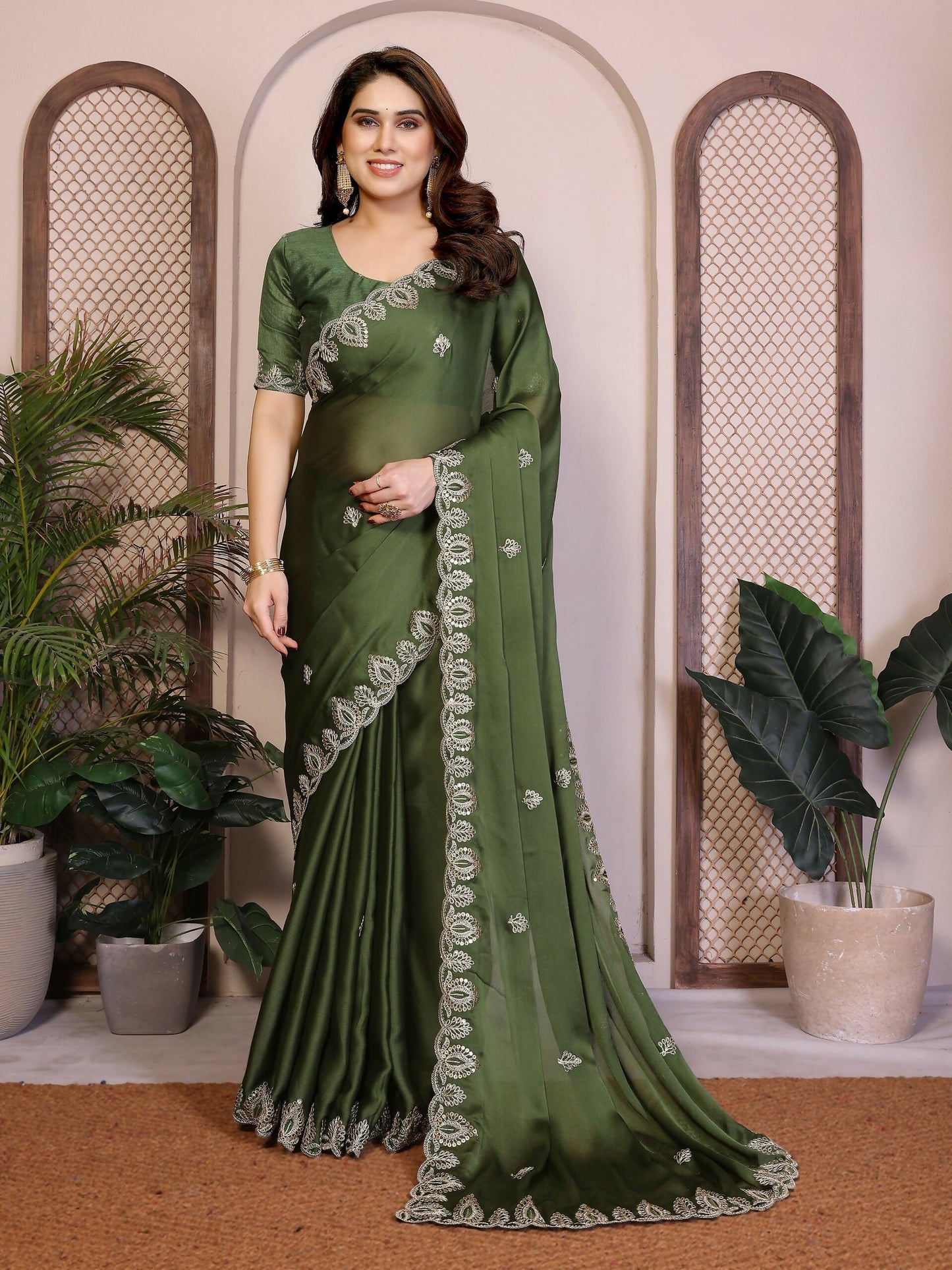 Teeya Creation New Trendy Party Wear Soft Satin Chiffon Saree-Green