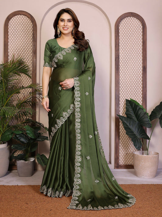 Teeya Creation New Trendy Party Wear Soft Satin Chiffon Saree-Green