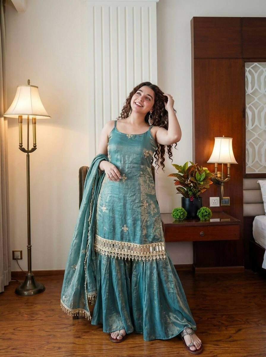 Teeya Creation Womens Trending Heavy Embroidery Sequence Work Kurta Sharara Set - Teal