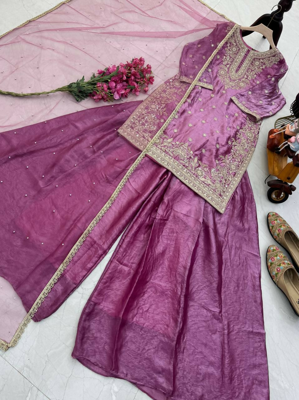 Teeya Creation New Trendy Womens Wedding Wear Kurta Palazzo Set - Pink