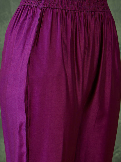 The52 Women's Gorgeous Rayon Embroidery Straight Kurta with Pant And Dupatta Set-Purple
