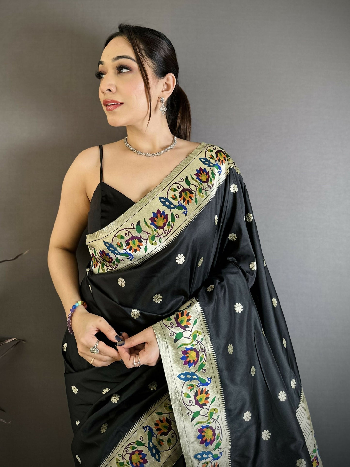 Prime Volt Premium Soft Silk Mayur Paithani Saree with Peacock Meena Weaving & Rich Pallu-Black