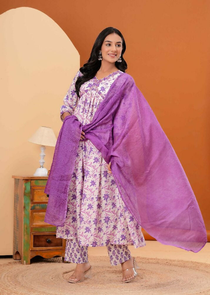 Jaimini Women Cotton Printed V-Neck 3/4 Sleeves Calf Length Alia Cut Kurta Pant And Dupatta Set