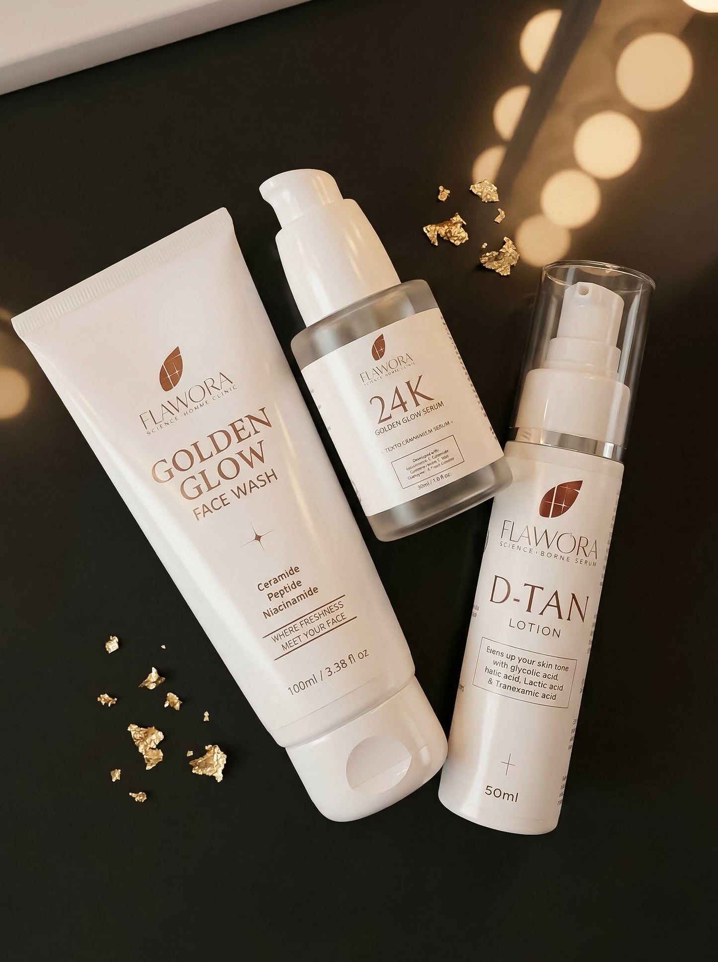 Flawora Set of Golden Glow Face Wash, D-Tan Lotion and 24k Golden Glow Face Serum