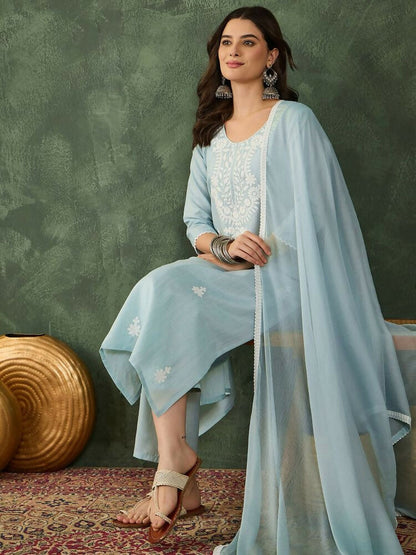 The52 Women's Beautiful Thread Work Cotton Blend Fabric Straight Kurta Pant and Dupatta Set