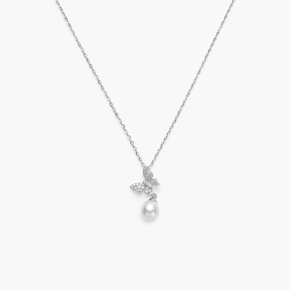 Dainty Pearl Drop Butterfly 925 Sterling Silver Pendant Necklace