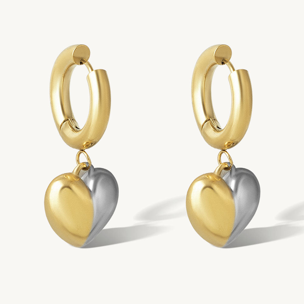 Dual Tone Heart Drop Hoop Earrings