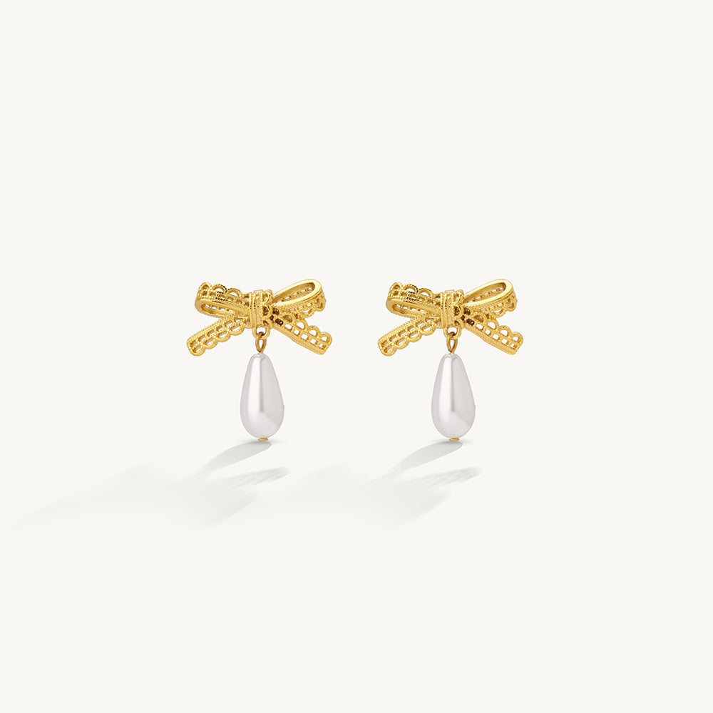 Sleek Bow Pearl Drop Earrings