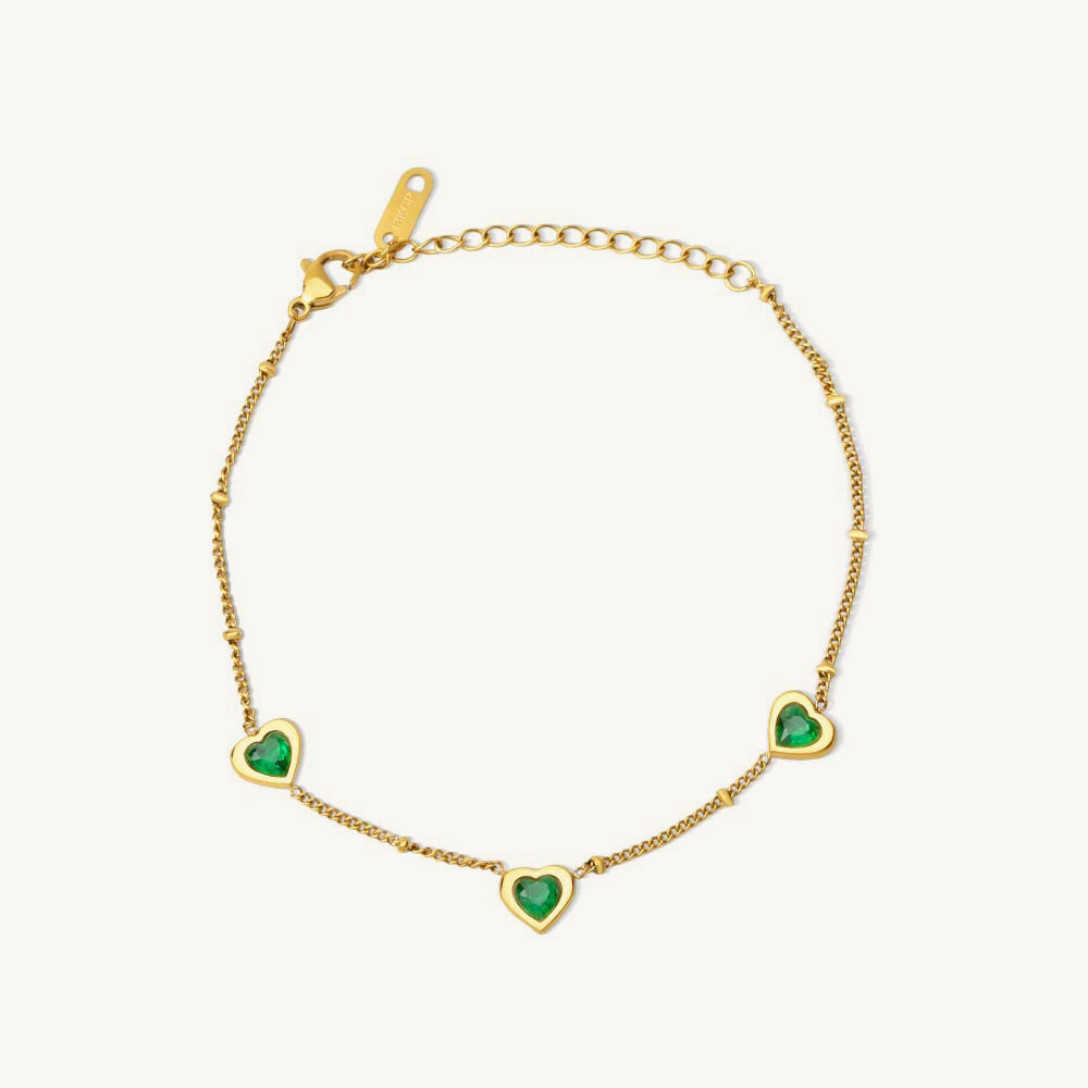Delicate Emerald-Tone Heart Motifs Bracelet
