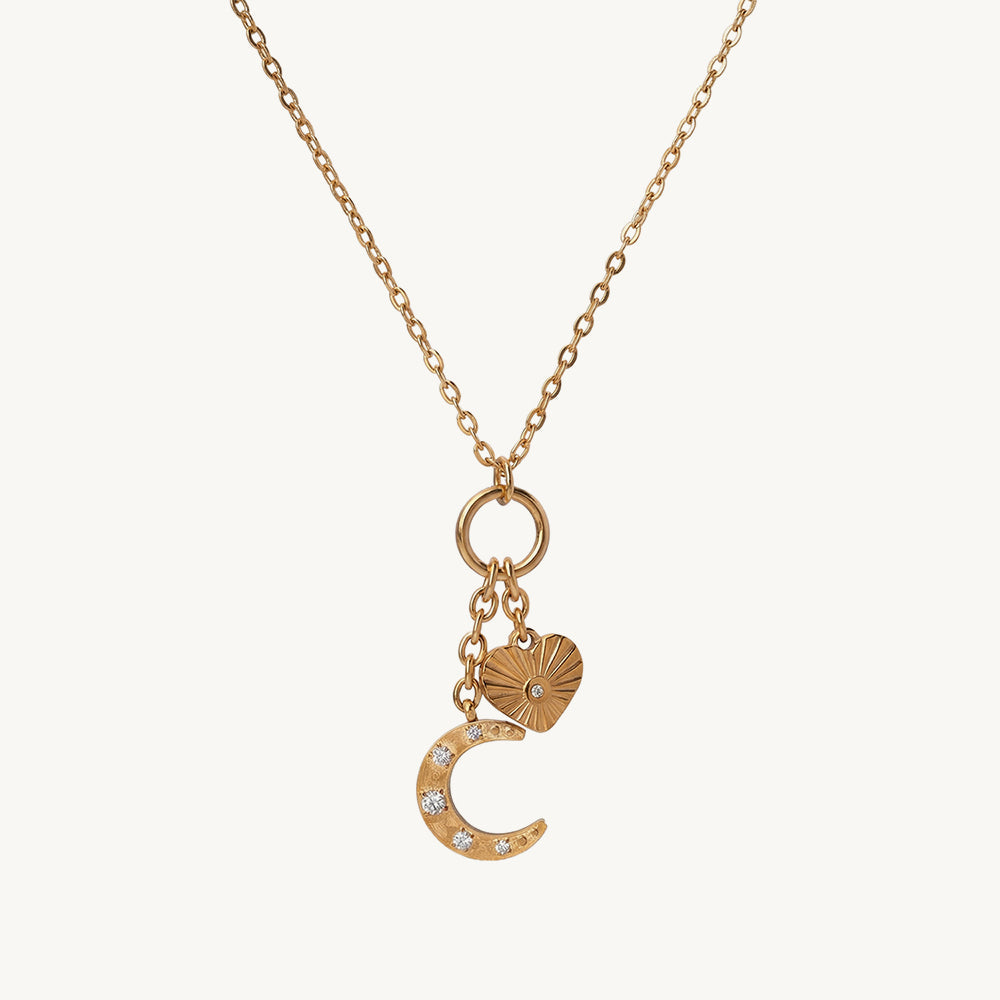 Shiny Moon Heart Charm Necklace