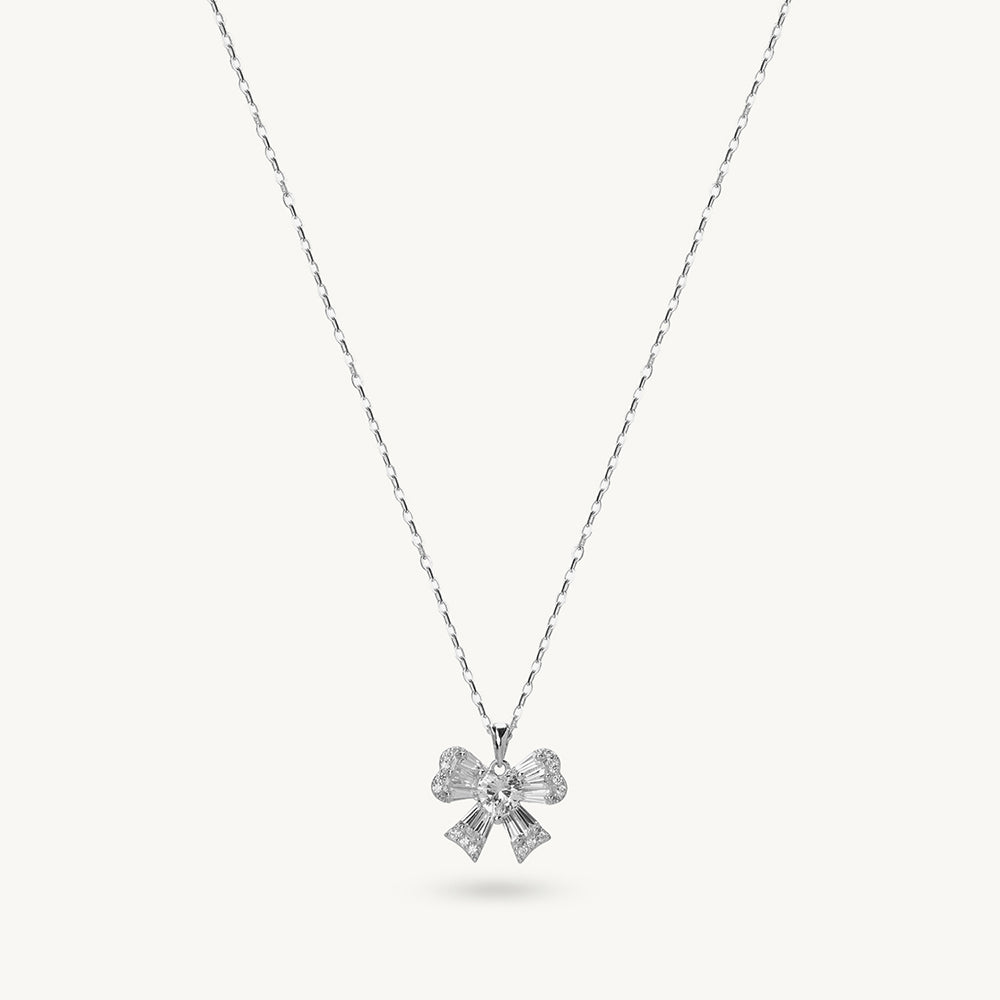 Sparkling Bow 925 Sterling Silver Pendant Necklace