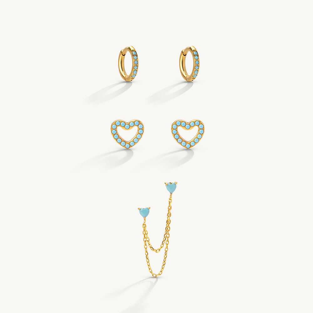 Blue Heart Studs, Huggies n Chain Earring Set
