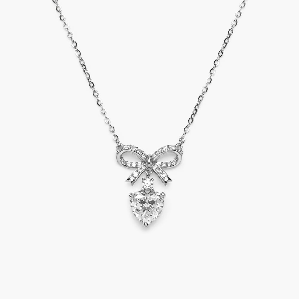 Bow Belle Drop Heart 925 Sterling Silver Necklace