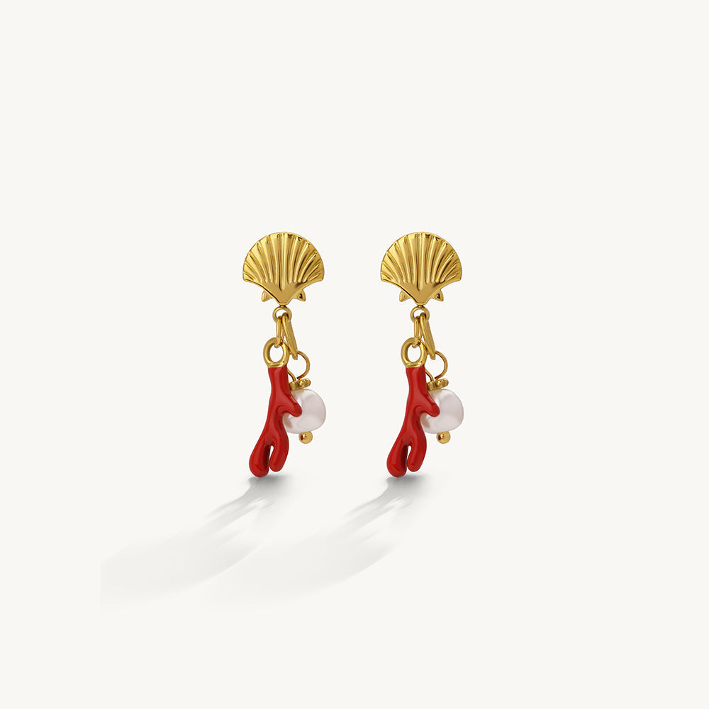 Shell Coral Pearl Drop Earrings