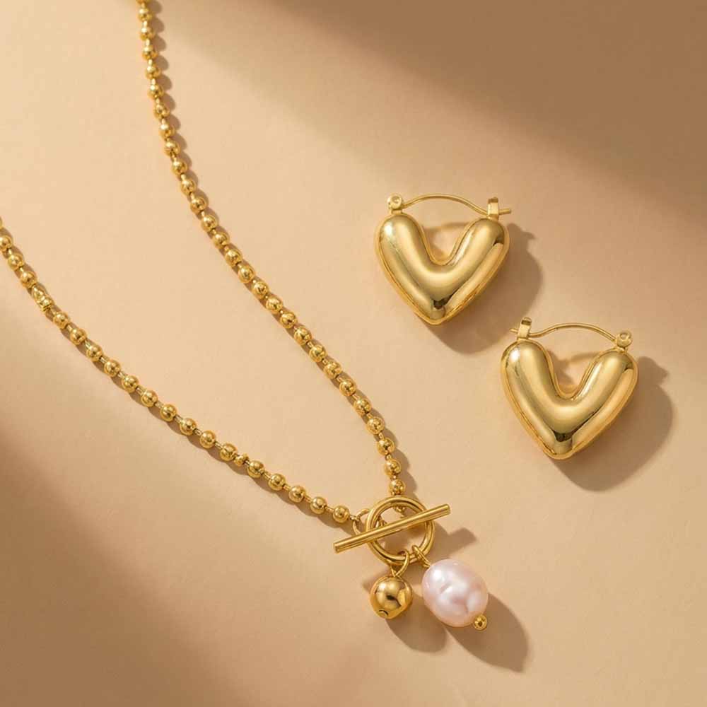 Puffed Heart & Pearl Jewellery Set