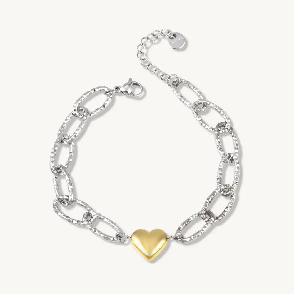 Two-Tone Heart Charm Link Chain Bracelet