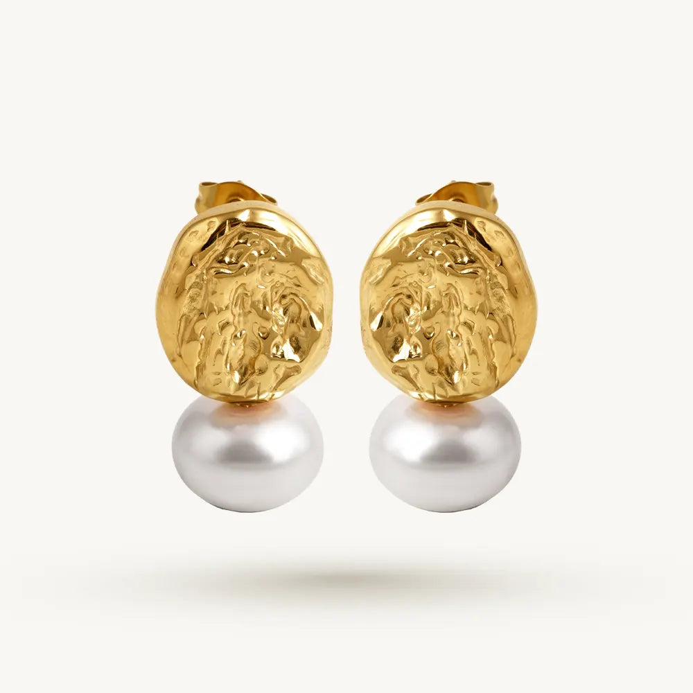 Textured Coin Pearl Drop Earring
