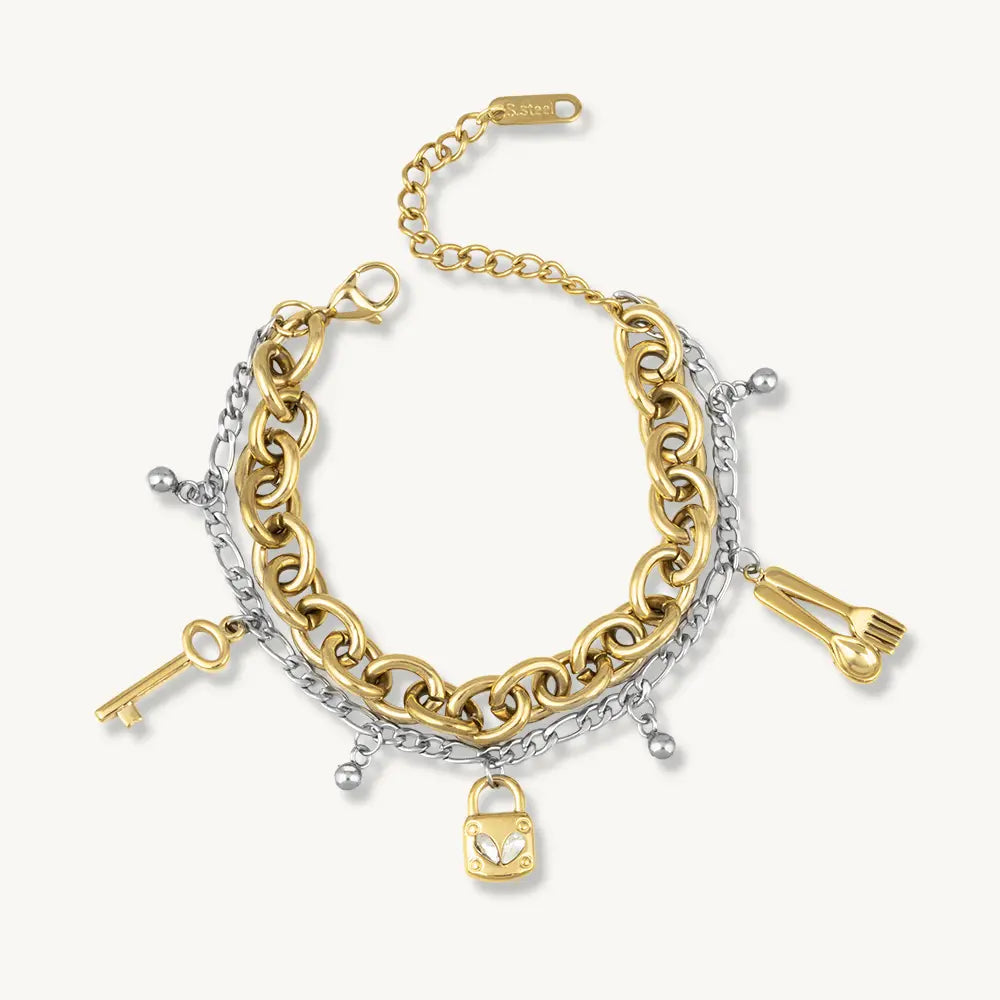Dual Tone Lock & Key Charm Bracelet