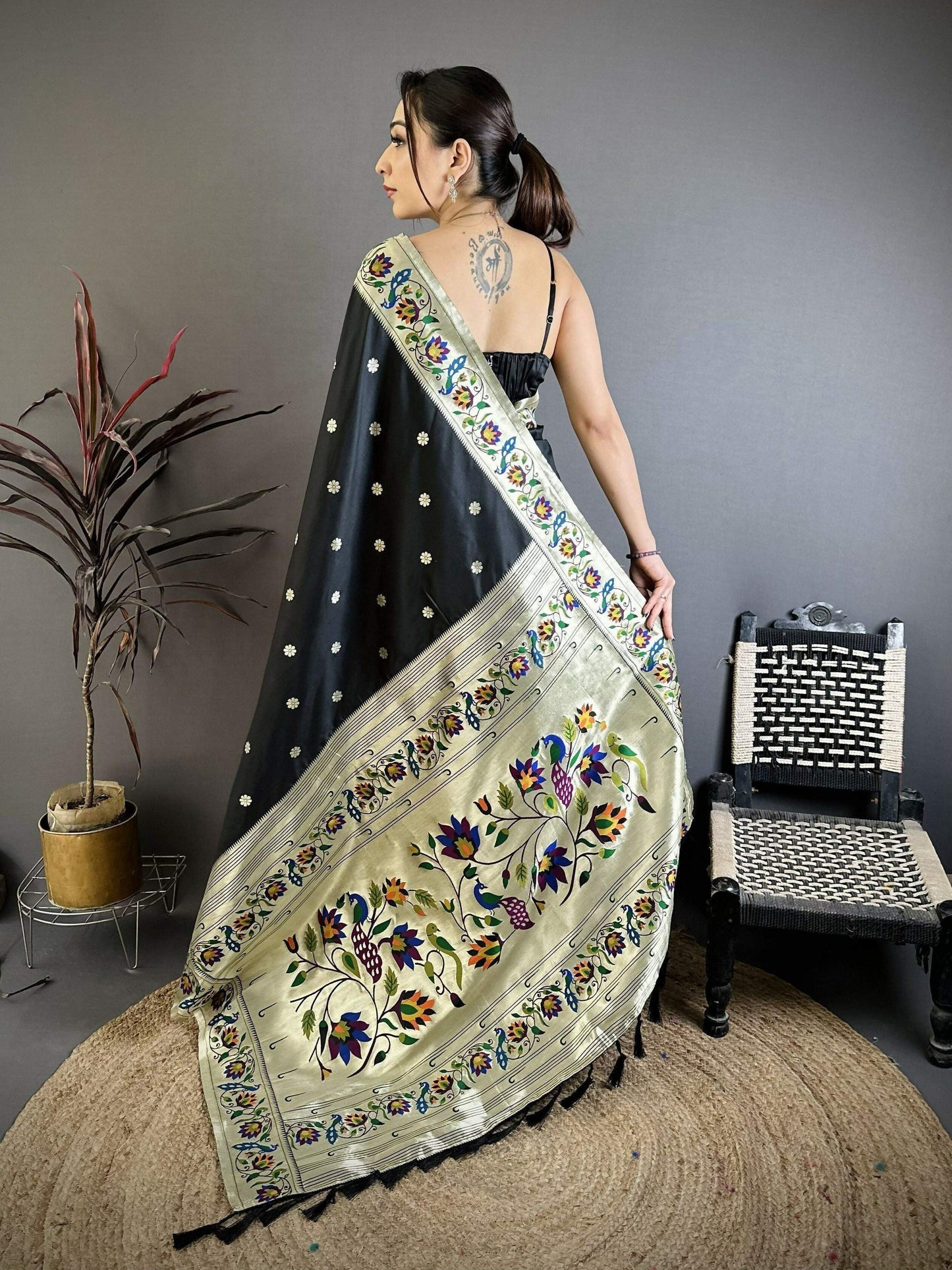 Prime Volt Premium Soft Silk Mayur Paithani Saree with Peacock Meena Weaving & Rich Pallu-Black