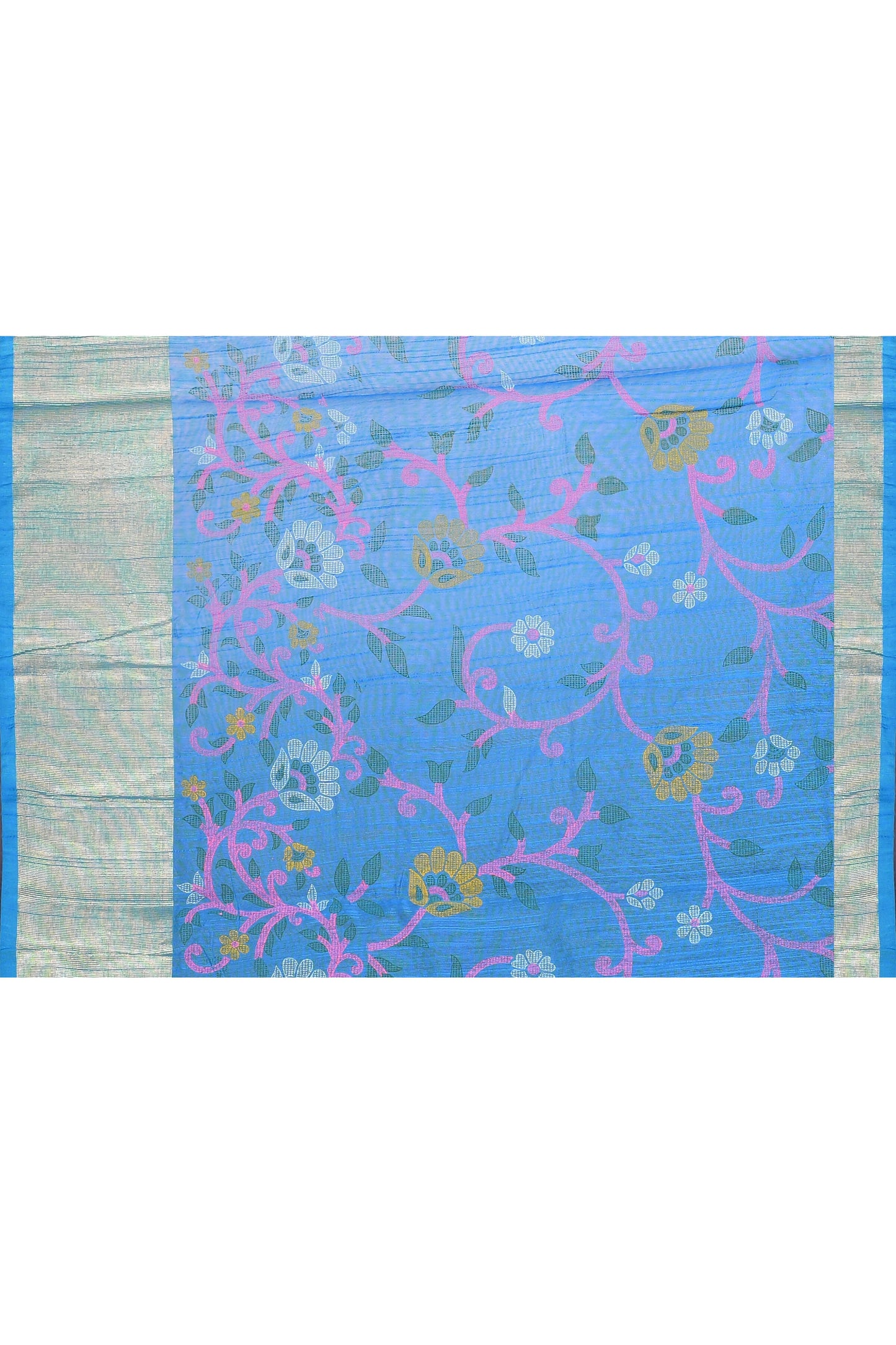 Piyari Fashion Women's Sky Blue Embellished Cotton Blend Printed Saree