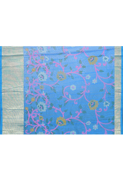 Piyari Fashion Women's Sky Blue Embellished Cotton Blend Printed Saree