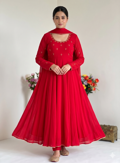 Teeya Creation New Trendy Party Wear Look Gerorrget Gown With Pant Dupatta Set - Red