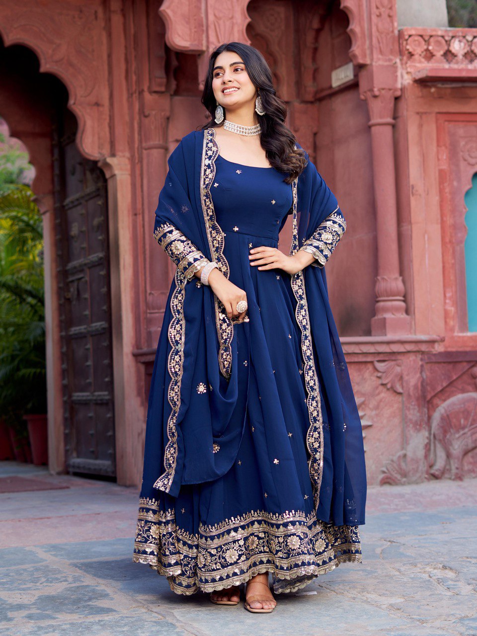 Lehenga Mart Designer Anarkali Suit With Kurta Palazzo Dupatta For Women-Blue