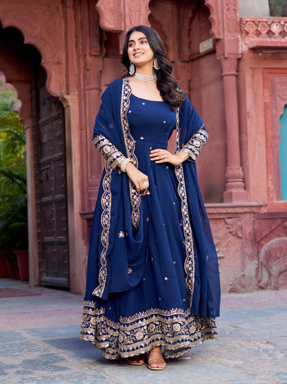 Lehenga Mart Designer Anarkali Suit With Kurta Palazzo Dupatta For Women-Blue