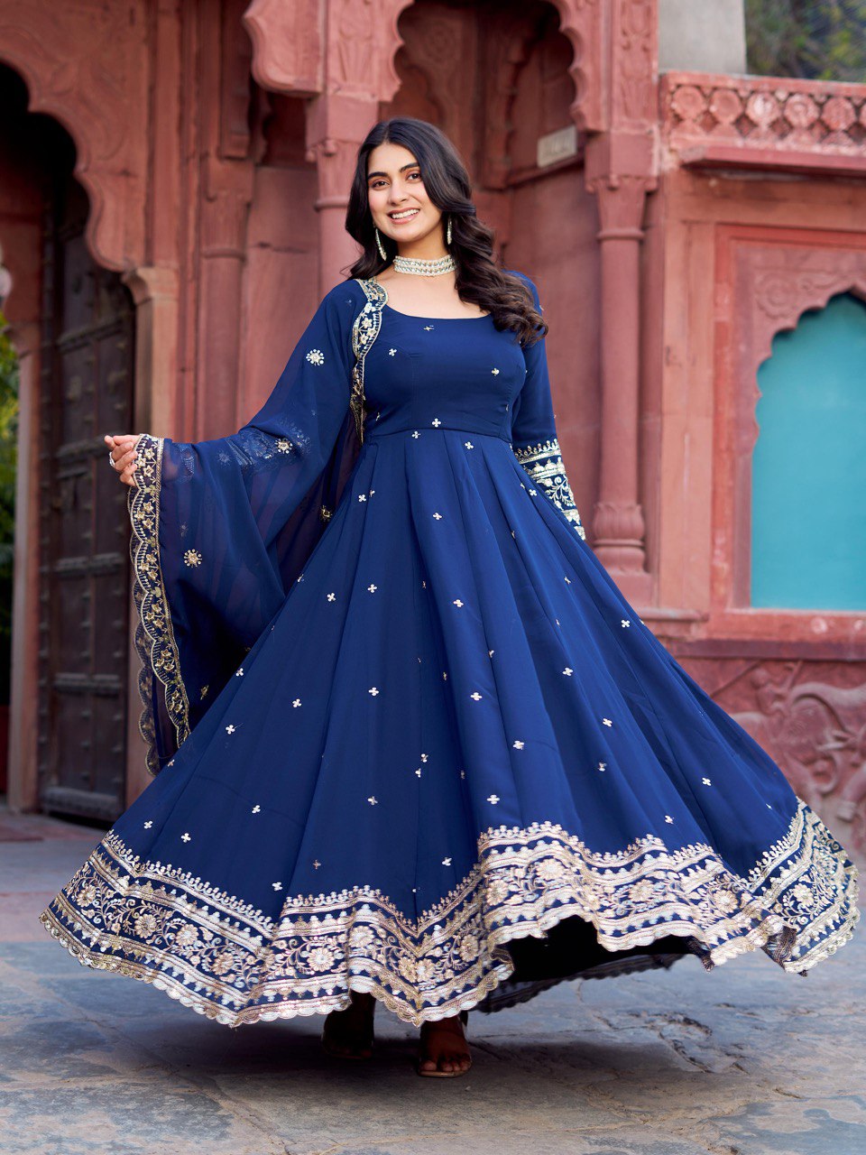 Lehenga Mart Designer Anarkali Suit With Kurta Palazzo Dupatta For Women-Blue
