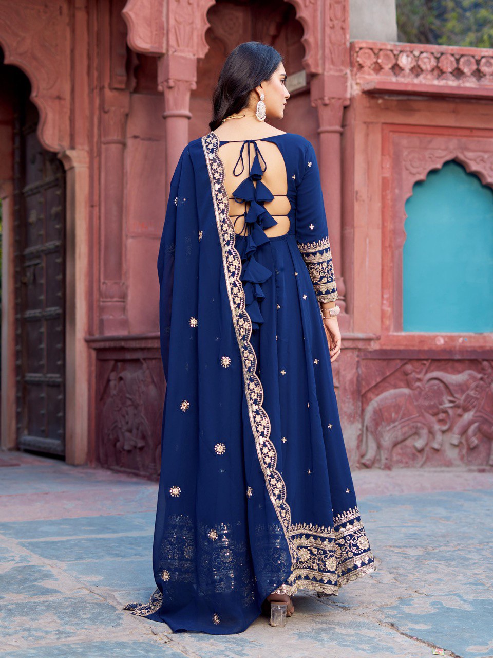 Lehenga Mart Designer Anarkali Suit With Kurta Palazzo Dupatta For Women-Blue