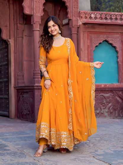 Lehenga Mart Designer Anarkali Suit With Kurta Palazzo Dupatta For Women-Mustard