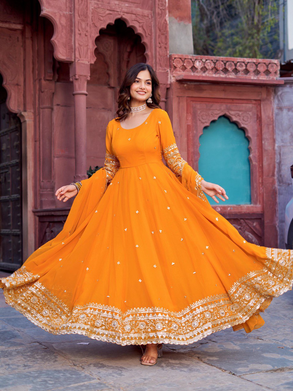 Lehenga Mart Designer Anarkali Suit With Kurta Palazzo Dupatta For Women-Mustard